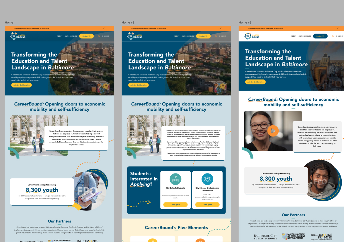 Three homepage design concepts showing different visual and layout directions for the youth career initiative website.